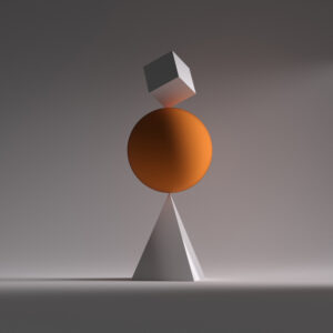 A orange sphere, a square and triangle in perfect balance . Illusion of perfectionism.